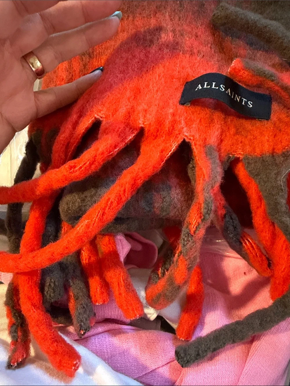 AllSaints Oversized Plaid Fringe Scarf in Orange and Green